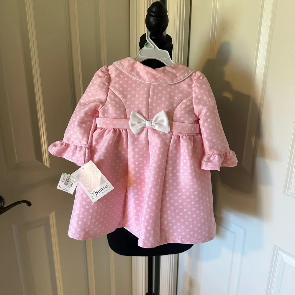 NWT Bonnie Baby Pink Polka Dot Kids Coat and Dress Set